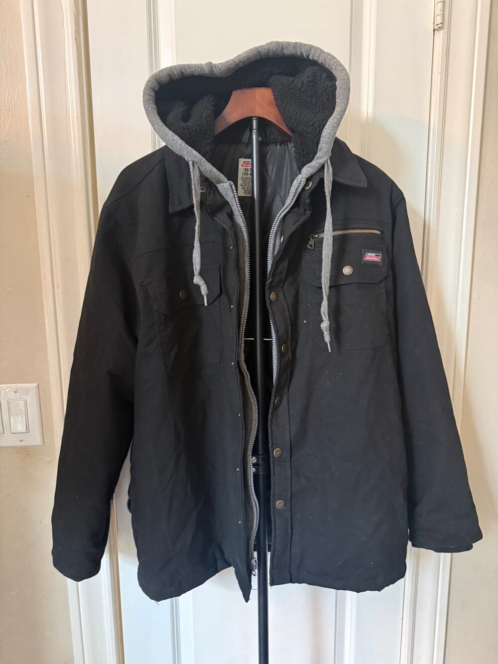 Dickies Men's M Black Gray Hooded Work Jacket Quilted Lined